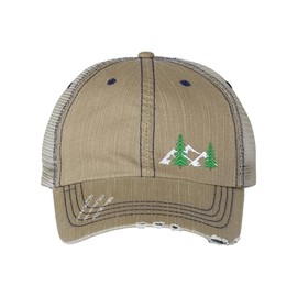 Go All Out One Size Khaki/Navy Trucker Left Panel Mountain Scene The Great Outdoors Pines Embroidered Distressed Trucker Cap