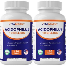 Vitamatic 2 Packs Acidophilus Probiotic - 10 Billion CFU - 120 Tablets - 5X Potency - Daily Probiotic Supplement, Supports Digestive Health (Total 240 Tablets)