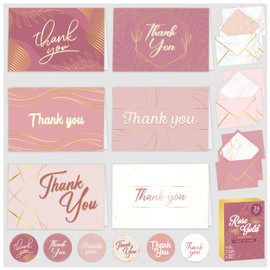 Decorably 24 Pack Gold-Foiled 6x4in Rose Gold Thank You Cards with Envelopes and Stickers, 6 Elegant Designs Pink Thank You Notes, Blank Inside - Wedding, Baby Shower, Birthday