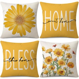 Gujiahone Spring Summer Pillow Covers 18 x 18 Inch Set of 4 Yellow Daisy Ladybird Sweet Home Bless This Home Decorative Cushion Cases for Sofa Couch Bed Home Decor