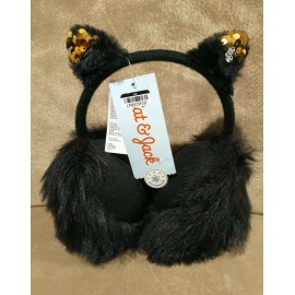 Cat & Jack OSFM Girls Earmuffs One Size Black W Gold Sequin Soft Plush Knit