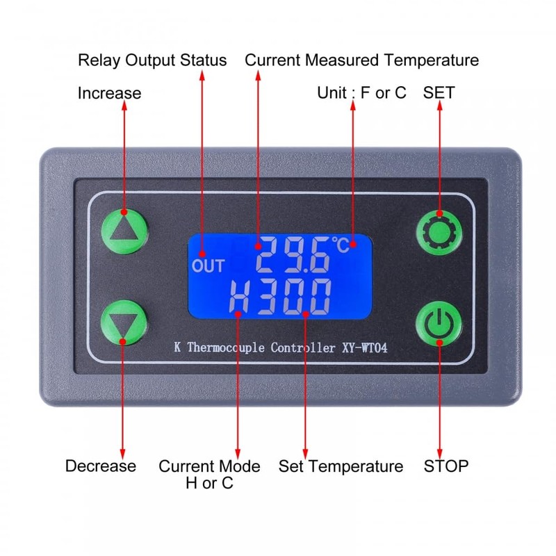 K-Type Thermocouple Controller, XY-WT04 DC 6-30V High Temperature Digital Thermostat,