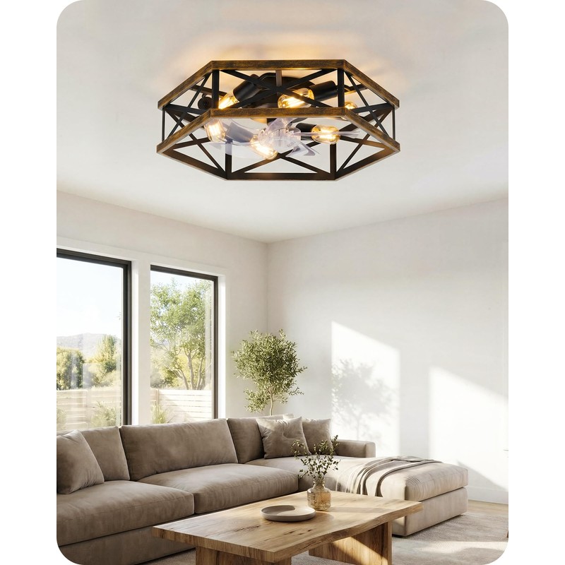 23" Farmhouse Flush Mount Ceiling Fan with Lights and Remote,