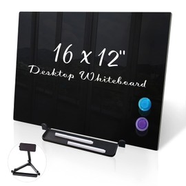 Black Magnetic Glass Board Desktop Easel, 16x12 Black Dry Erase Board for Desk, Tabletop Glass Whiteboard on Adjustable Stand, ZHIDIAN Portable Tempered Glass Board for Office Home