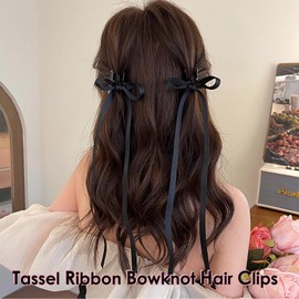 4 PCS Hair Bow Clips, Tassel Ribbon Bowknot Hair Clips with Long Tail, Ballet Style Solid Hair Barrettes Bow, Ponytail Holder Alligator Claw Bow Hair Accessories for Women (Black & Pink)