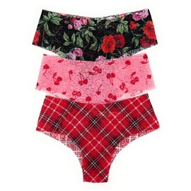 Victoria's Secret PINK Cheekster Panty Set of 3 Small No Show Lace Black Floral/Pink Cherries/Red Plaid