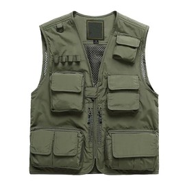 Lilychan Mens Utility Casual Fishing Vests Outdoor Work Vest Multi Pockets Cargo Vest Travel Hunting Camping Tactical Outerwear (Armygreen, Large)