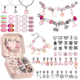 Kit para hacer pulseras con dijes para niñas, 66 piezas de joyería con caja de regalo y bolsa, kit de joyería de regalo para niñas adolescentes, manualidades para niñas de 8 a 12 años