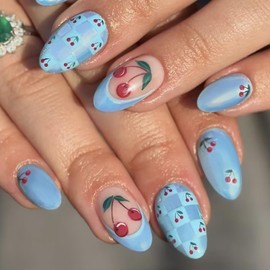 Almond French Tip Press on Nails Short Fake Nails Blue with Cherry False Nails Design Summer Acrylic Glue on Nails Blue Artificial Nails on Nails for Women Girls DIY Decoration 24 Pcs