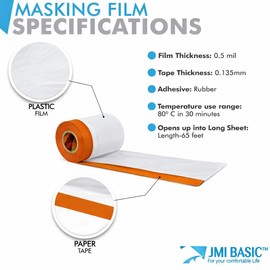 JMI BASIC Pre-Taped Masking Film Sets – Assorted 3 Sizes, Orange Automotive Masking Tape & Drape, Painters Plastic - 65 Feet (59 x 35 x 18 Inch)