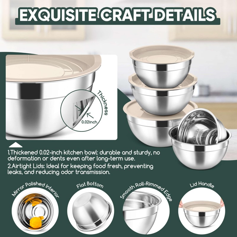 Herogo 5-Piece Mixing Bowls with Lids, 3 Grater Attachments, Stainless