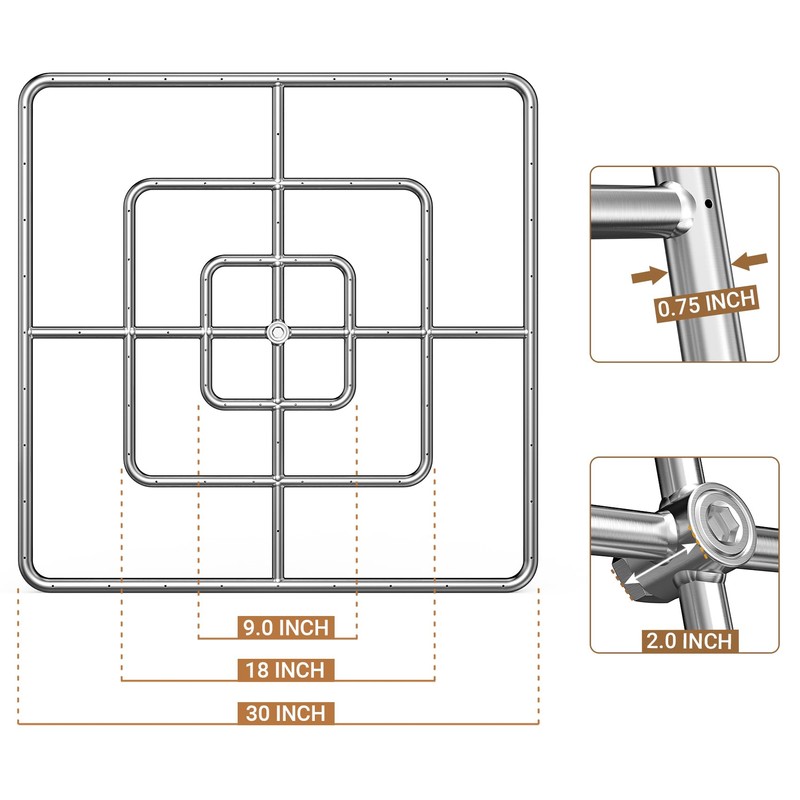 onlyfire 30 Inch Square Fire Pit Burner Ring for Natural