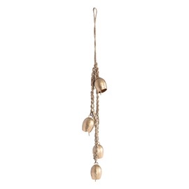 The Wooden Town Four Bells Cluster on Rope, Wrought Iron Bell Chime Handmade Rustic Gold Finish Wall Hanging Rope 4 Bell