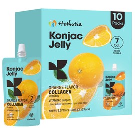 Hethstia Orange Konjac Jelly with Collagen Peptides, 10 Pouches Fruit Jelly Snacks, Low-Calorie Drinkable Jelly with Vitamin C, Sugar-Free, Keto, Gluten-Free, On-The-Go Light Snacks