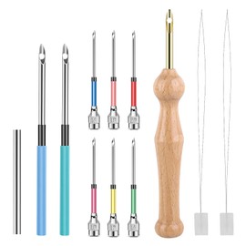 12 Pieces Punch Needle Kit, Embroidery Punch Needle Tool Adjustable Complete Puncher Needles Threader Wooden Handle Embroidery Tool for Adults Beginner DIY Craft Yarn Floss Cross Stitching