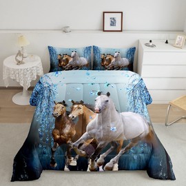 Feelyou Horse Bedding Set Twin Size for Girls Boys,Cherry Blossom Dreamy Blue Galloping Horse Kids Toddler Comforter Set Teens Western Duvet Comforter Floral Wild Animal Decor Quilt Set Bedroom 2Pcs