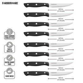 Farberware Full-Tang Triple-Riveted 8-Piece Steak Knife Set, High-Carbon Stainless Steel, Razor-Sharp Knives with Ergonomic Handle, Kitchen Knives, Set of 8, Black