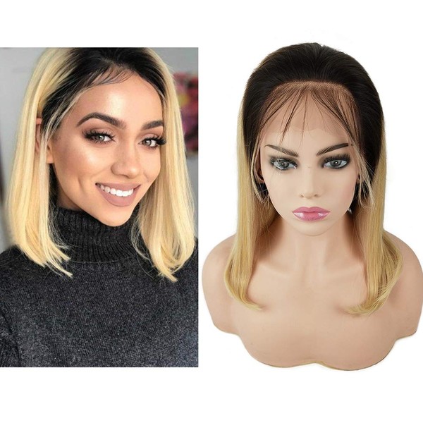 Mila Human Glueless Lace Wig Wig short bob Ombre Blonde 1B/613 # Straight Human Hair Lace Front Wig 130% Density 14"