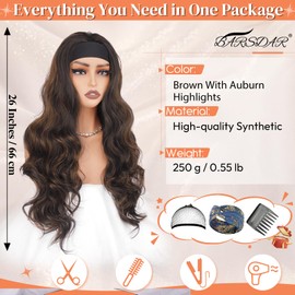 BARSDAR Wavy Headband Wig Mix Brown, 66 cm Long Loose Wavy Synthetic Headband Wig for Women - Wear and Go Glueless Wig Light Natural Look Forehead Band Wigs