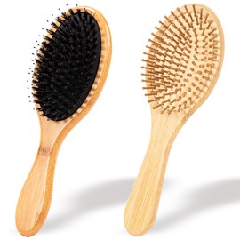 Boar Bristle Hair Brush, 2 Pcs Slick Back Hair Brush, Bamboo Brush Denman Brush, Wet Hair Brush for Blow Drying, Unbrush Detangling Hair Brush Scalp Brush for Women Man