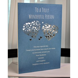 DOUBLESHOOT Heartfelt Birthday Card – Elegant Blue Design with Silver Hearts, “To a Truly Wonderful Person” Cover, Pre-Written Heartfelt Happy Birthday 3-Part Wishes, 8.3 x 5.8 Inches