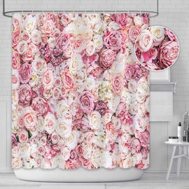 AIBIIN 180x180cm Pink Flowers Wall Shower Curtain Sweet Wedding Floral Girl Ladies Bathroom Bathtubs Decor Durable Waterproof Fabric Bathtub Sets with 12 Hooks