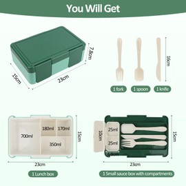 RISVOWO Brotdose Kinder mit Fächern 1450 ML, Lunchbox Kinder mit 4+2 Fächern, Bento Box Kinder, Auslaufsichere Lunchbox mit Fächern Perfekt für Schule, Kindergarten & Ausflüge (Grün)