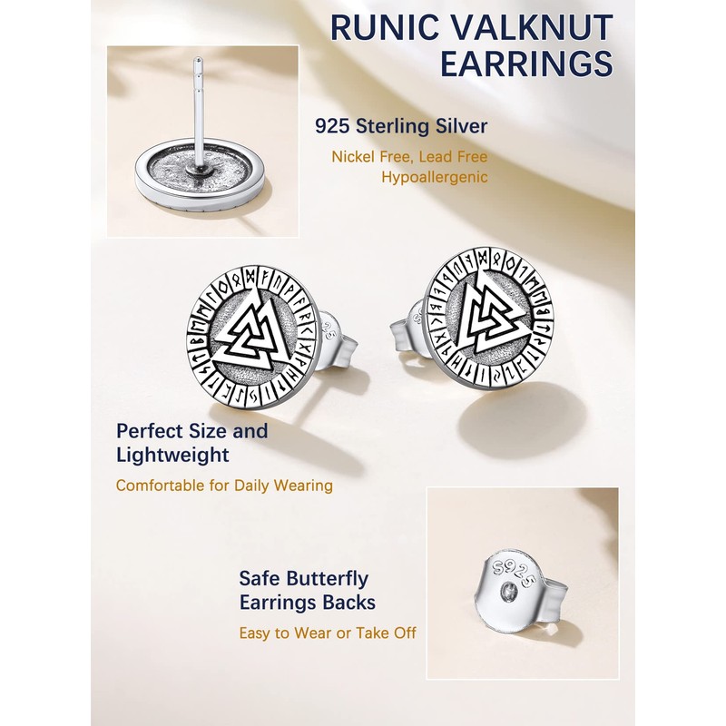 Suplight 925 Sterling Silver Valknut Viking Rune Stud Earrings Flat