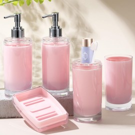 Pink Bathroom Accessories Set 6Pcs, Acrylic Soap Dispensers 2Pcs, Soap Dish, Toothbrush Holder, Tumbler, Waterproof Labels, Sink Countertop Set, Cute Bathroom Decor, Housewarming Gift