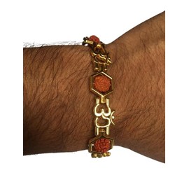 Hari Darpan Golden Om Plated Brown Beads Rudraksha Bracelet Chain Friendship Hand Cuff Designer Wrist Band Bangle Slip-On Bracelet With Lock, Medium, Metal