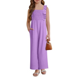 DOKOTOO KIDS Girls Romper Summer One Piece Outfits Cute Ruffle Flutter Sleeve Straight Wide Leg Smocked Jumpsuit Fashion Kids Clothes Purple 8-9 Years
