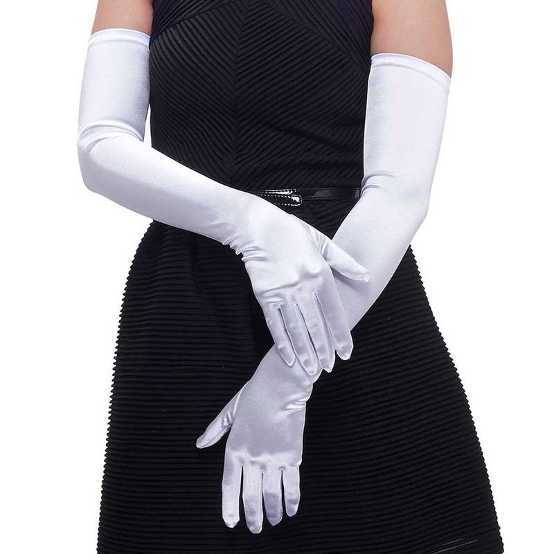 Lansian Women's 21'' Long Satin Gloves White Elbow Length 1920s