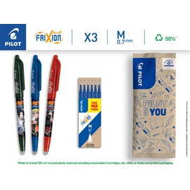 PILOT x Naruto FriXion Ball Set of 3 Ballpoint Pens Black Blue Red + 1 Set of 6 Blue Refills - Erasable Pens - Naruto Shipudden Limited Edition - Refillable Rollerball Pen - Blue -