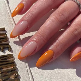 24PCS Short False Nails with Glue Stickers,Almond Full Cover Acrylic Nails Press on Nails no Glue,Orange French Tip Fake Nails Stick on Nails for Women and Girls Nail Art.