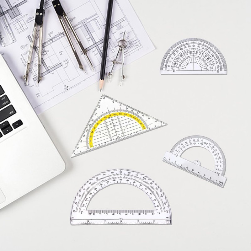 3 Pieces Transparent Protractors and 1 Piece Triangle Ruler, Plastic