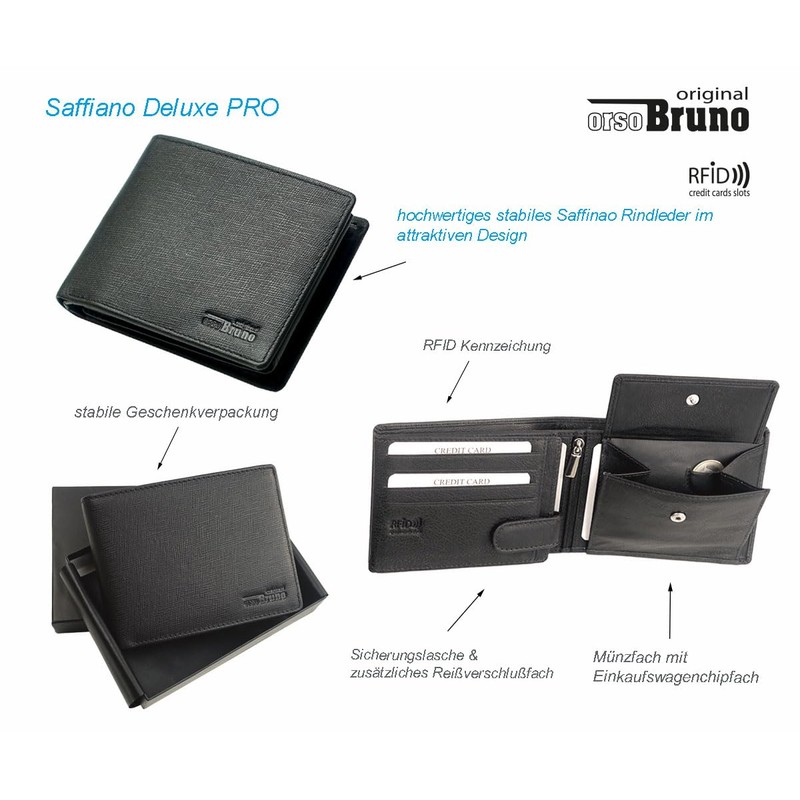 orso Bruno original Men's Wallet Black Leather RFID Men's Wallet