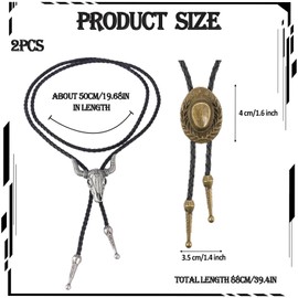 ZPLASK 2Pcs Cowboy Necklace, Bolo Tie, Gold Leather Cowboy Accessories Fashion Retro Neckties Pendant, Adjustable Length Western Cow Skull Cowboy Accessories for Men Gift for Husband Dad