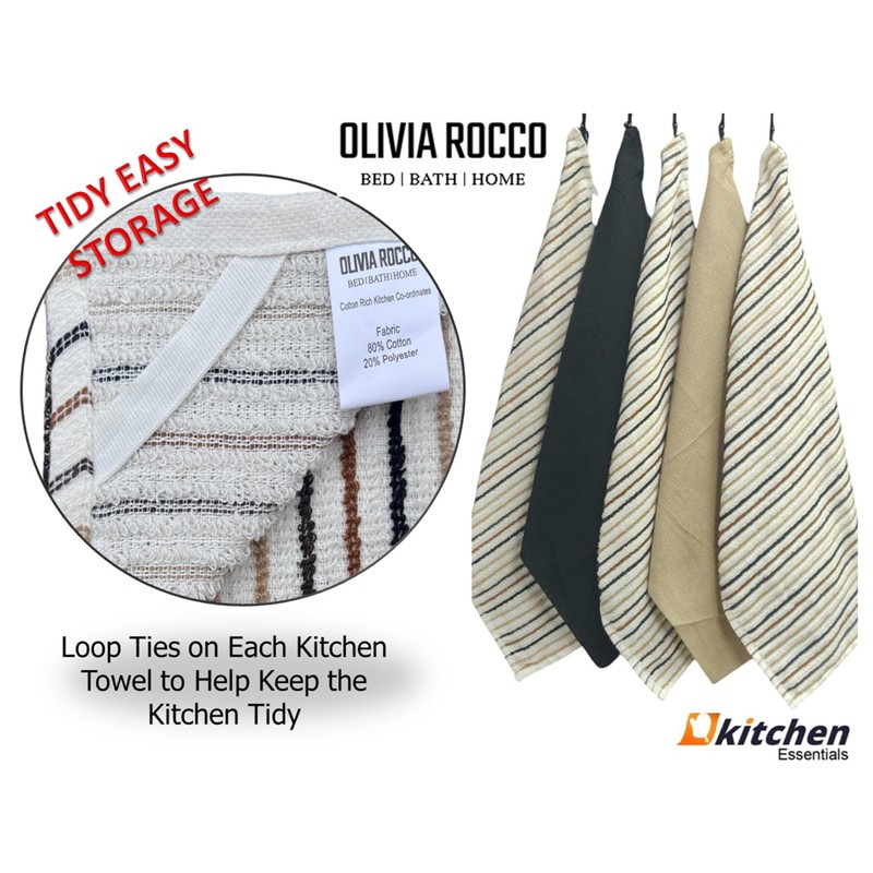 Olivia Rocco 5 Pack Striped Kitchen Tea Towels Cotton Super