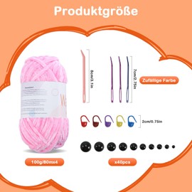 Qetlavee 4 x 100 g (4 x 80 m) Chenille Wolle Samtig Baby Wolle, Flauschige Weiche Chenille Garn Dicke Wolle zum Häkeln, mit Viele Zubehör, für Decken, Schals, Taschen, Puppen (Babyrosa)