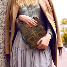 Chicprint Vintage Sacred Cross Eagle Bible Bag with Bookmark Pu Leather Bible Covers for Women Men Large Study Bible Holder Case with Inner Pockets Handle Brown