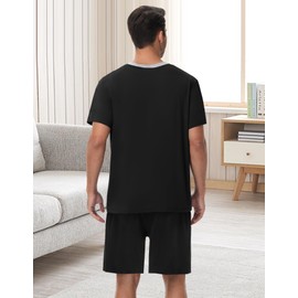 YOPUGEE Mens Pajama Set Short Sleeve V Neck Pjs Set Summer 2 Piece Nightwear Lightweight Sleepwear with Pockets Black-XL