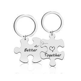LEEQBCR 2 Unisex Couples Keyring Stainless Steel Pendant Puzzle Silver Engraved Better Together Valentine's Day Gift, silver