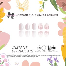 Press on Nails Short Oval MABKJLF White French Tip Fake Nails False Nails with Designs Flower White Shimmer Full Cover Glossy Glue on Nails Stick on Nails for Women Girls 24 Pcs