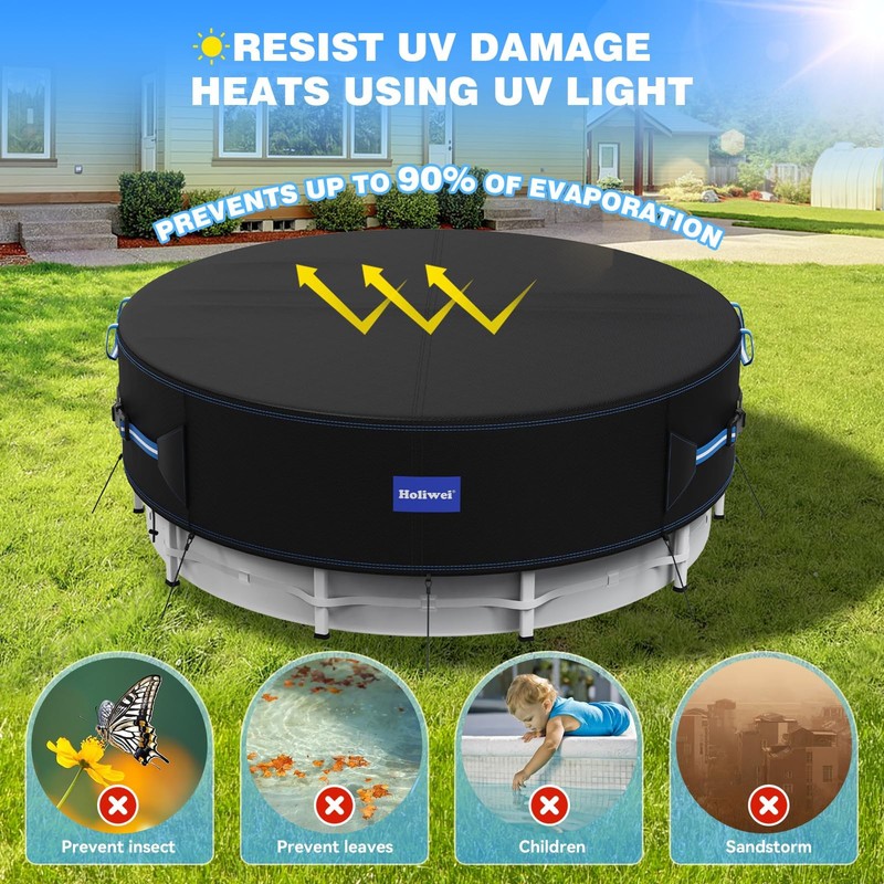 Holiwei 24 Ft Round Pool Cover with Reflective Strips, 420D