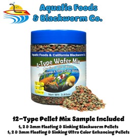 Aquatic Foods Inc. 4-Type 3.5mm - 1/8" Sinking Wafer Mix of Spirulina-Algae, Ultra-Worm, Ultra-Shrimp, Color Enhancing Wafers for Shrimp, Snails, Crayfish, All Tropical Fish, 3.5mm..5oz Canister