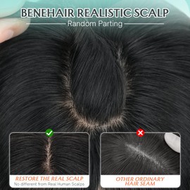Benehair 100% Remy Human Hair Toppers for Women, 9 * 12CM Silk Base Hairpieces With Bangs 150% Density for Thinning Hair Jet Black 12 Inch