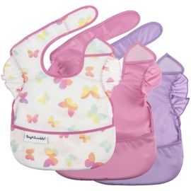 Tiny Twinkle Mess-Proof Baby Bib - Waterproof Bib for Baby Girl - Machine Washable - Adjustable Closure - PVC, BPA, & Phthalate Free - Great for Travel - Baby Food Bibs (3 Pack, Butterfly)