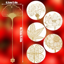 AIEX 6pcs Metal Leaf Bookmarks with Chain, Golden Hollow Exquisite Metal Bookmarks Ginkgo Carnation Flower Maple Leaf for Book Lovers Readers Teens Women Men