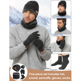 heekpek Mens Hat Scarf Glovers Set Unisex 5PCS Winter Set Fleece Lining Knitted Beanie Hat Earmuffs Neck Warmer Knit Gloves Thermal Socks Gift Set for Skiing Hiking Driving, Black, One Size