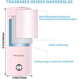 Unizooke Tragbarer Mini-Heizbecher,400ml Tragbarer Elektrischer Wasserkocher,220V Reise-Elektrisch-Wasserkocher,300W Vakuum-Reise-Wasserkocher,Für Milch, Kaffee, Wasser Und Teezubereitung, Rosa